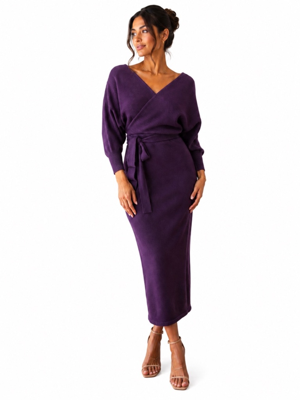 Olivaceous Wrap Knit Maxi Dress in Deep Purple